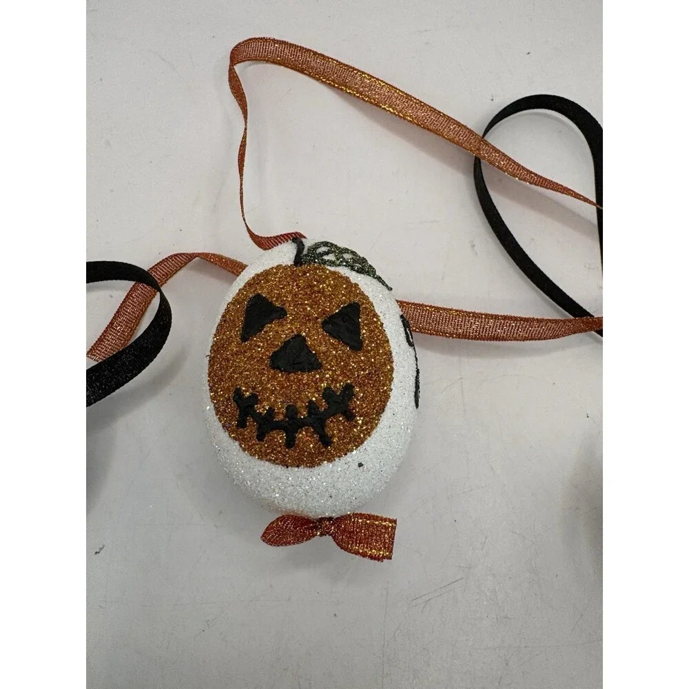 Set Of 3 Halloween Ornament: Peter Priess Egg; Spooky Black Spider Web Pumpkin